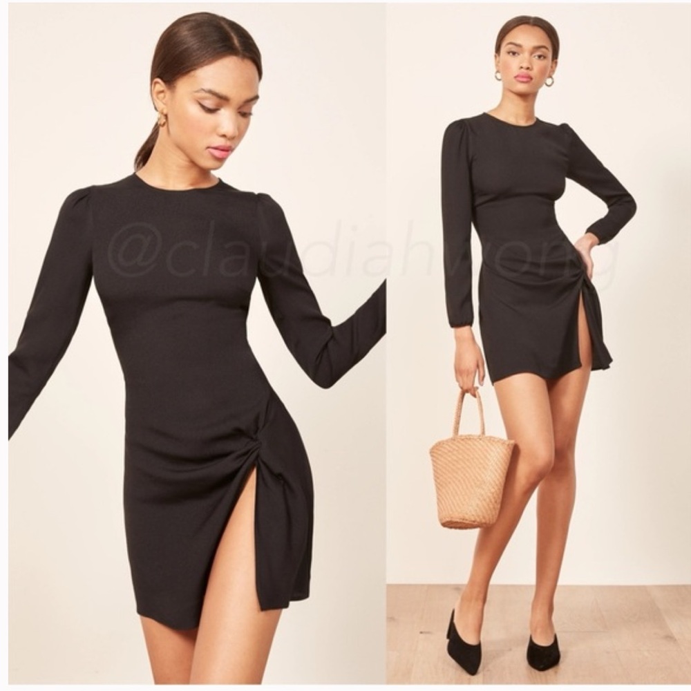 Reformation Black Long Sleeve Dress with Side Slit